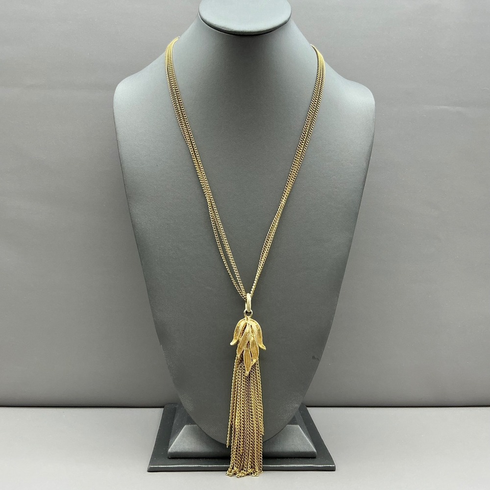 Vintage Necklace Gold Tone Multi Strand Chain Tassel Fringe Leaf Statement 24"